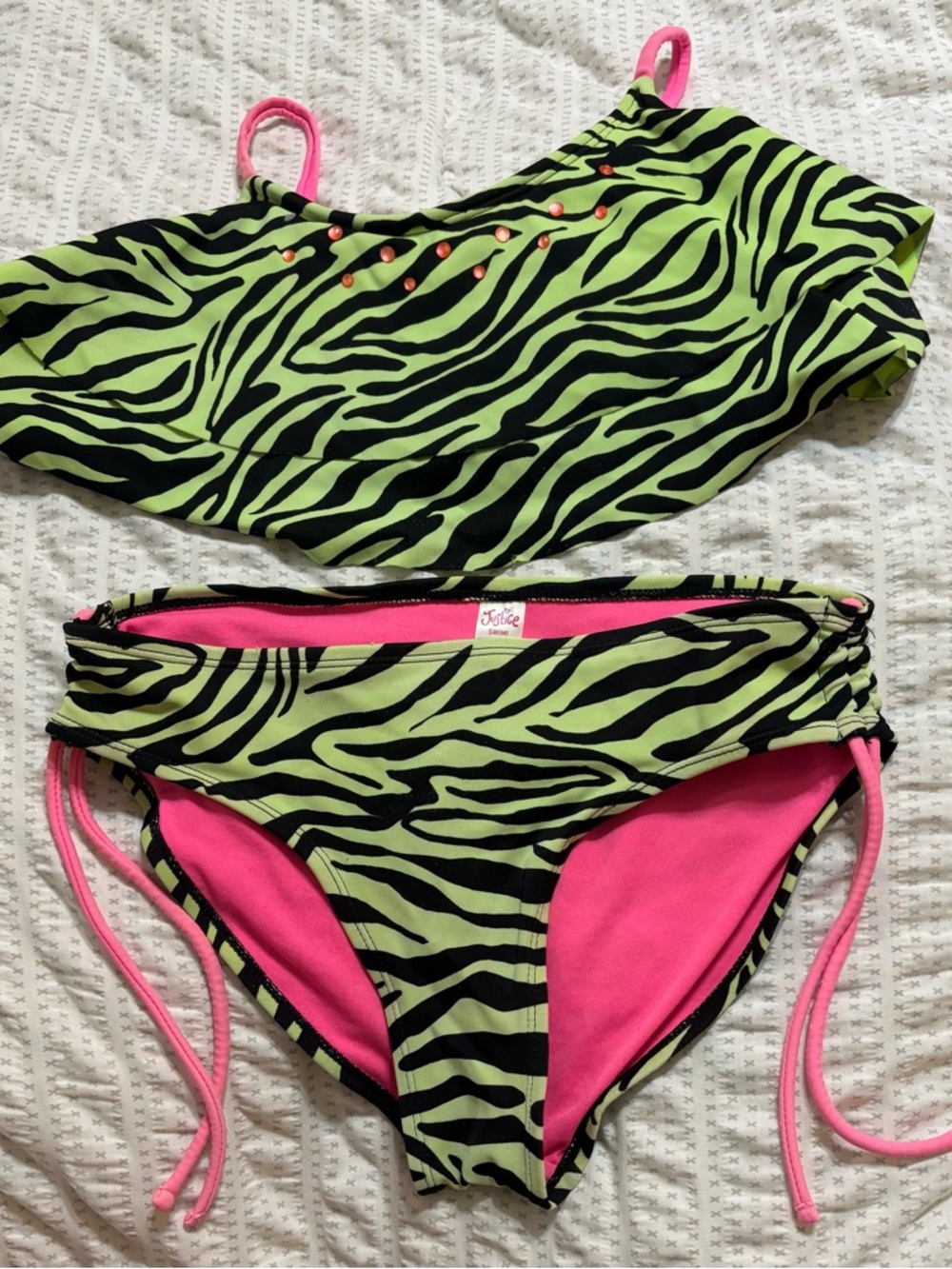 Justice Neon Green Zebra Print Bikini with Hot Pink Accents